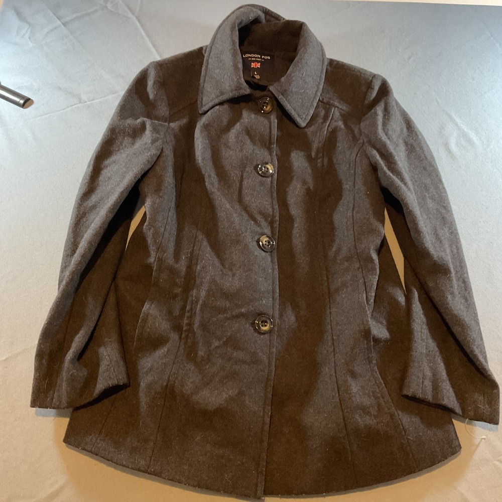 London Fog Women's Wool Blend Peacoat Jacket Size Large Charcoal Gray Button Fro